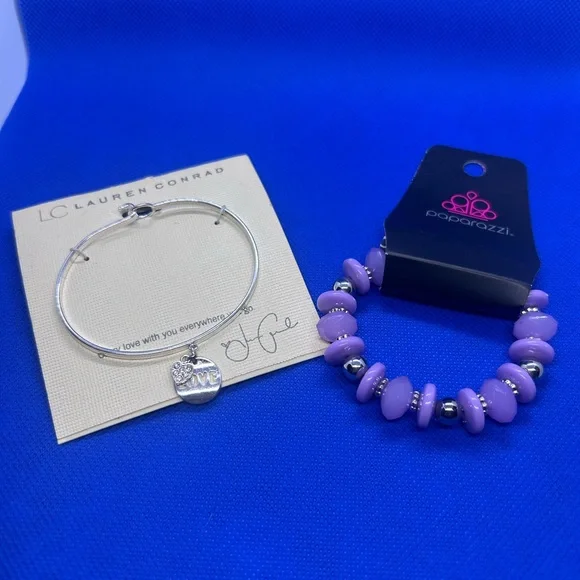 LC Lauren Conrad Silver 'Love' Charm Bangle with Purple Beaded Stretch Bracelet - Picture 1 of 4